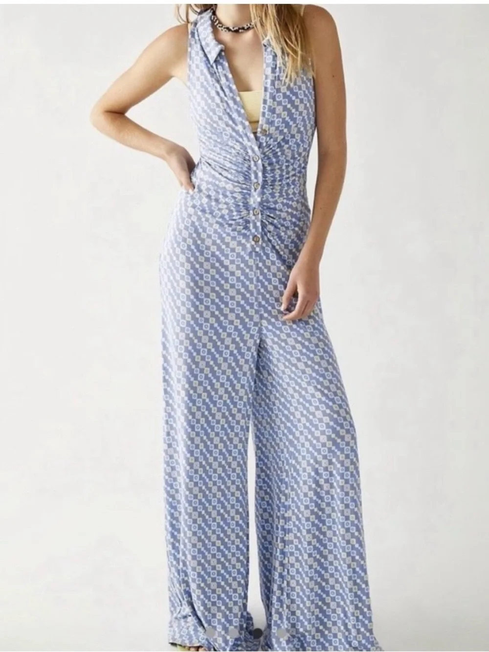 Free People Shayla Blue Geometric Halter Wide Leg Jumpsuit M NWOT - Picture 2 of 14